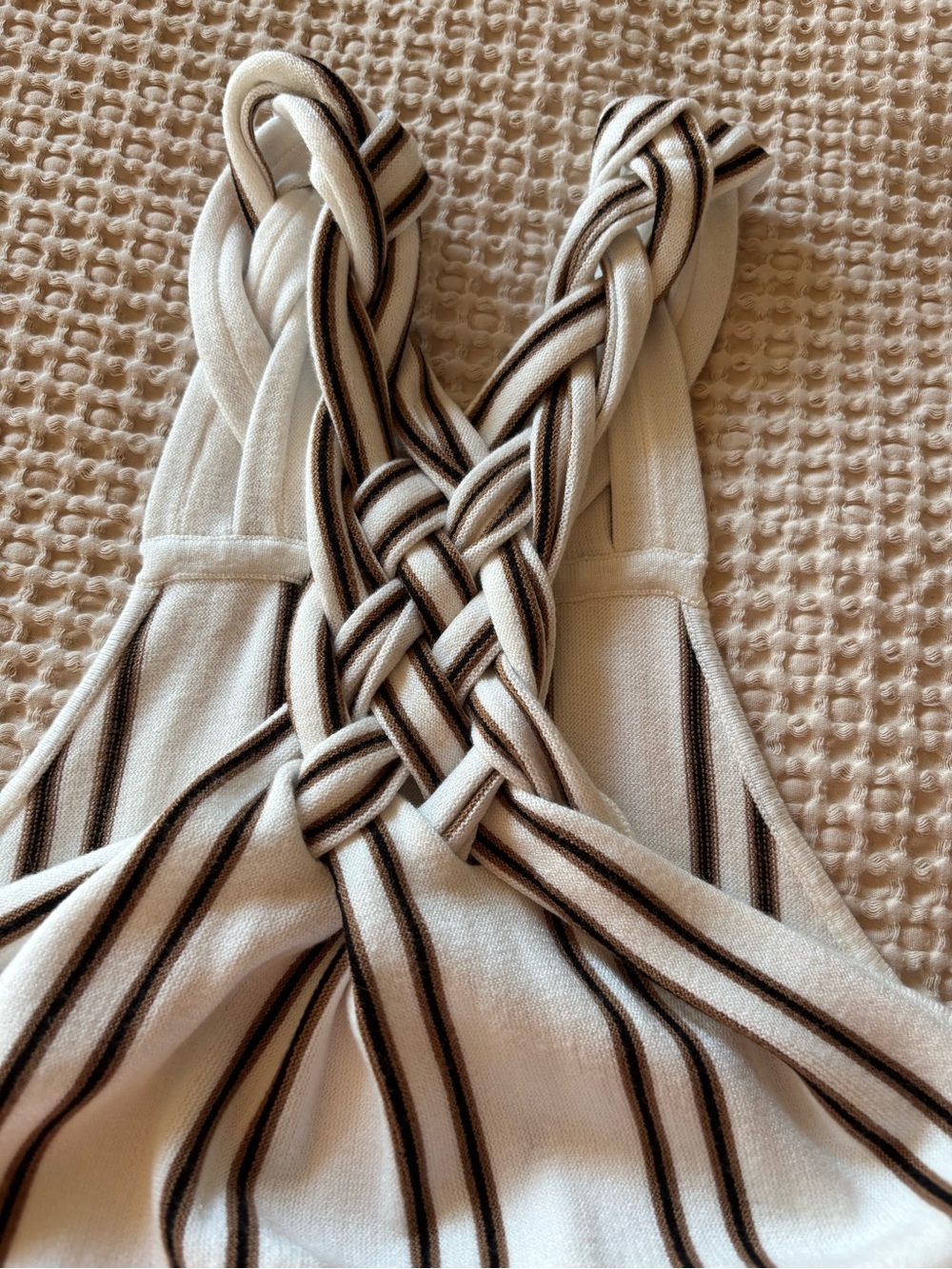 White House Black Market Ivory Tank Top with Brown Stripes and Braided Halter - Picture 4 of 7